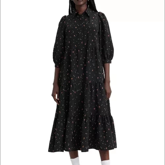 Levi's Black and White Tiered Midi Dress with Puff Sleeves - Picture 1 of 10